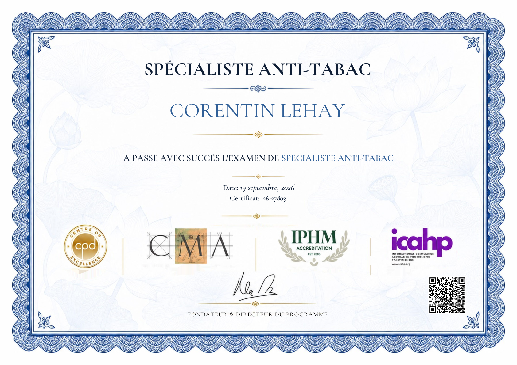 Certificat de spécialiste anti-tabac obtenu par Corentin Lehay