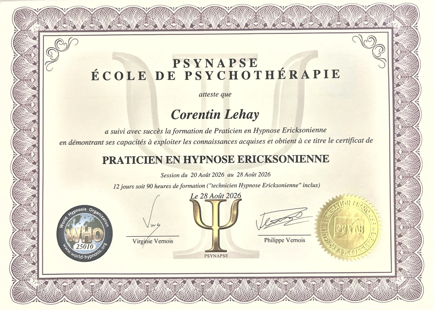 Certificat de Praticien en Hypnose Ericksonienne délivré à Corentin Lehay par l'école Psynapse, session du 20 au 28 août 2026, 90 heures de formation